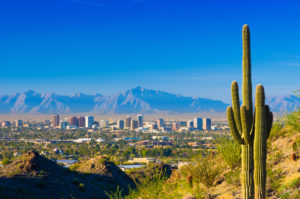 phoenix skyline with cactus, desert, and mountains