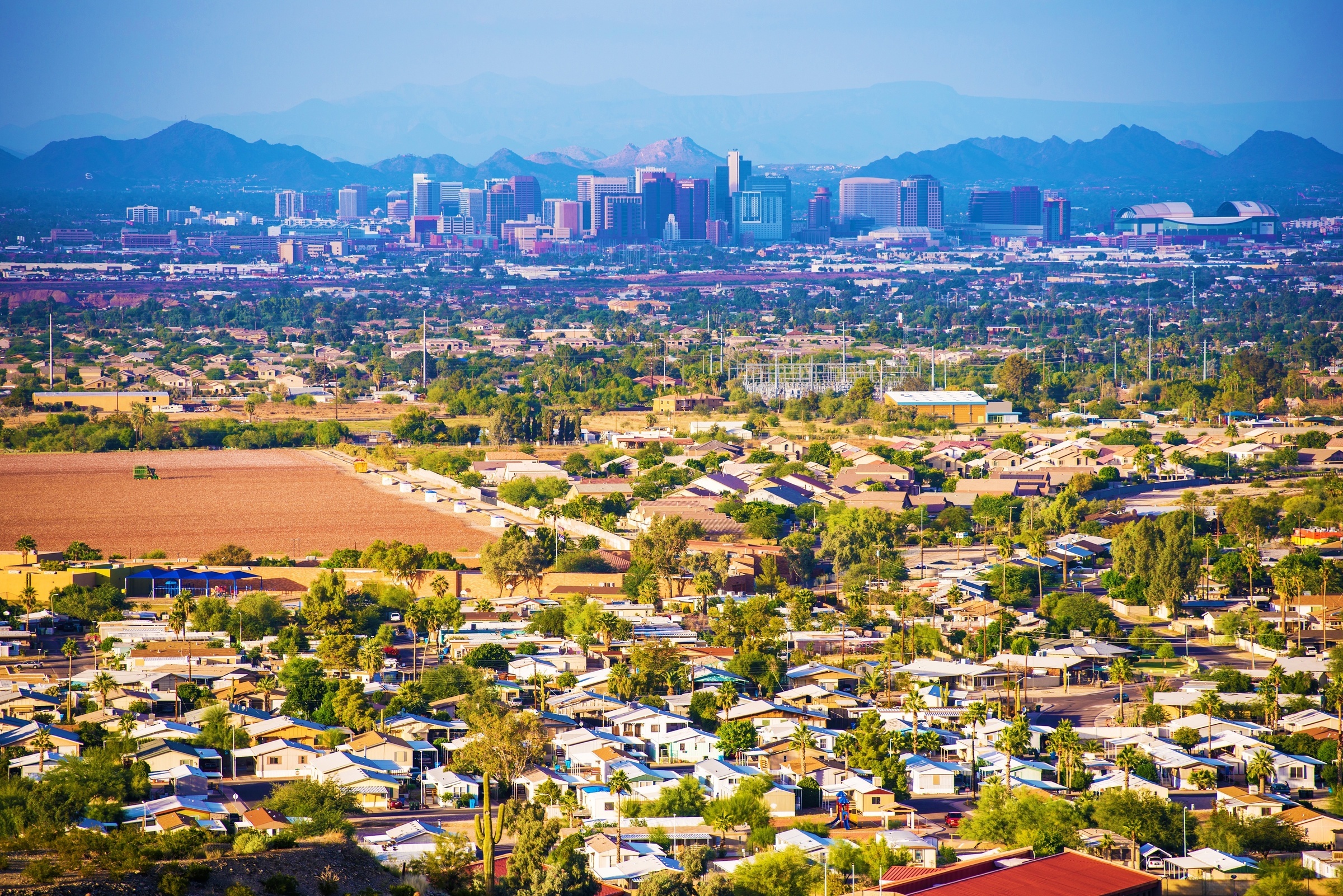 City of Phoenix Panorama. Phoenix, Arizona, United States. Blue skies and sunny day.